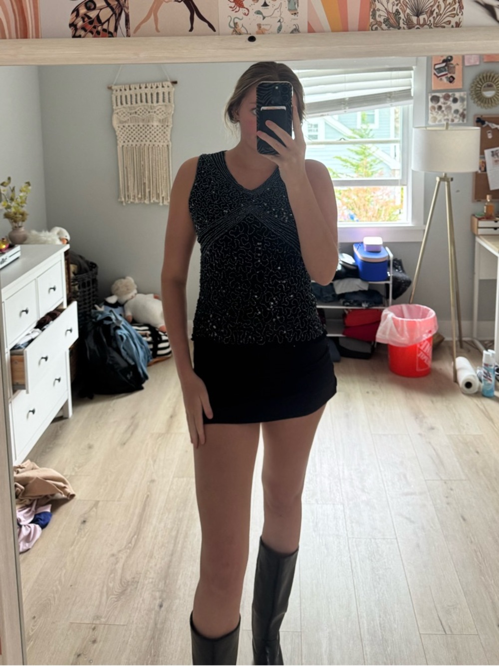 Black Beaded V-Neck Tank Top